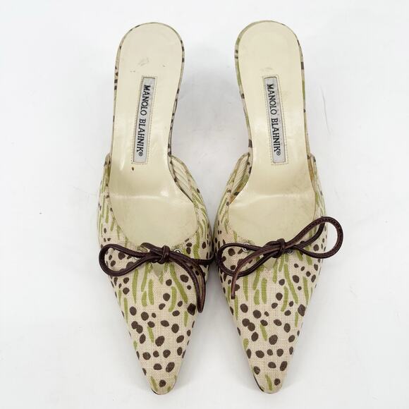 Manolo Blahnik Vintage Beige Green Brown Canvas Bow Pointed Toe Mules IT 36.5 - Picture 5 of 11